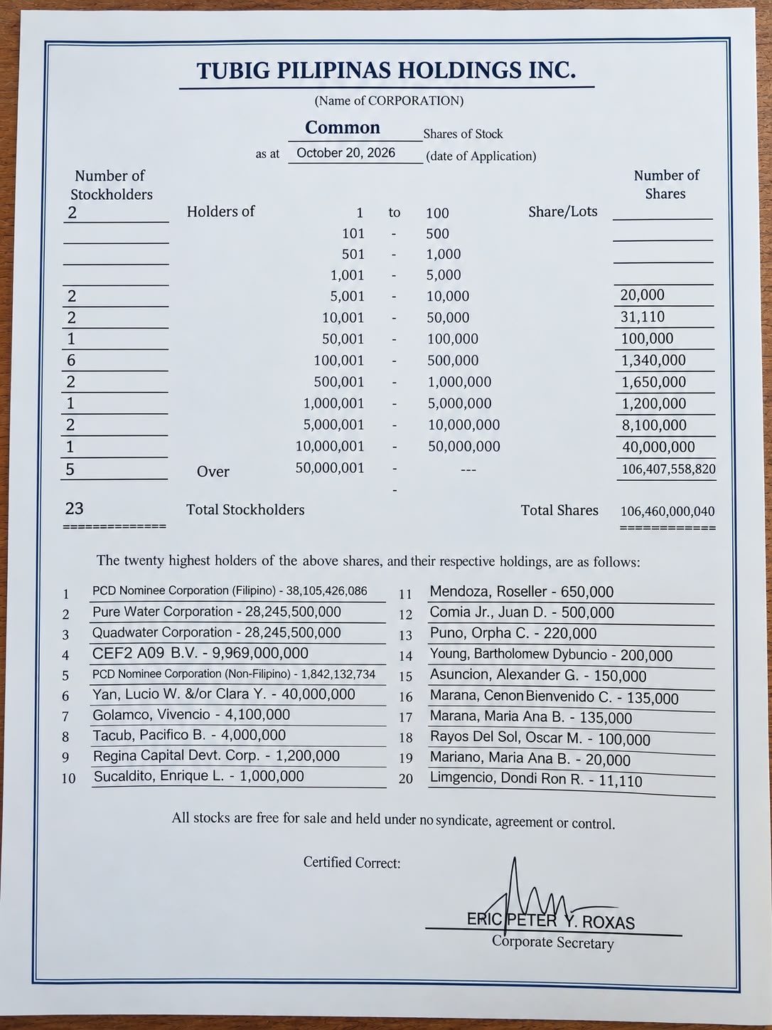 Top 20 Stockholders